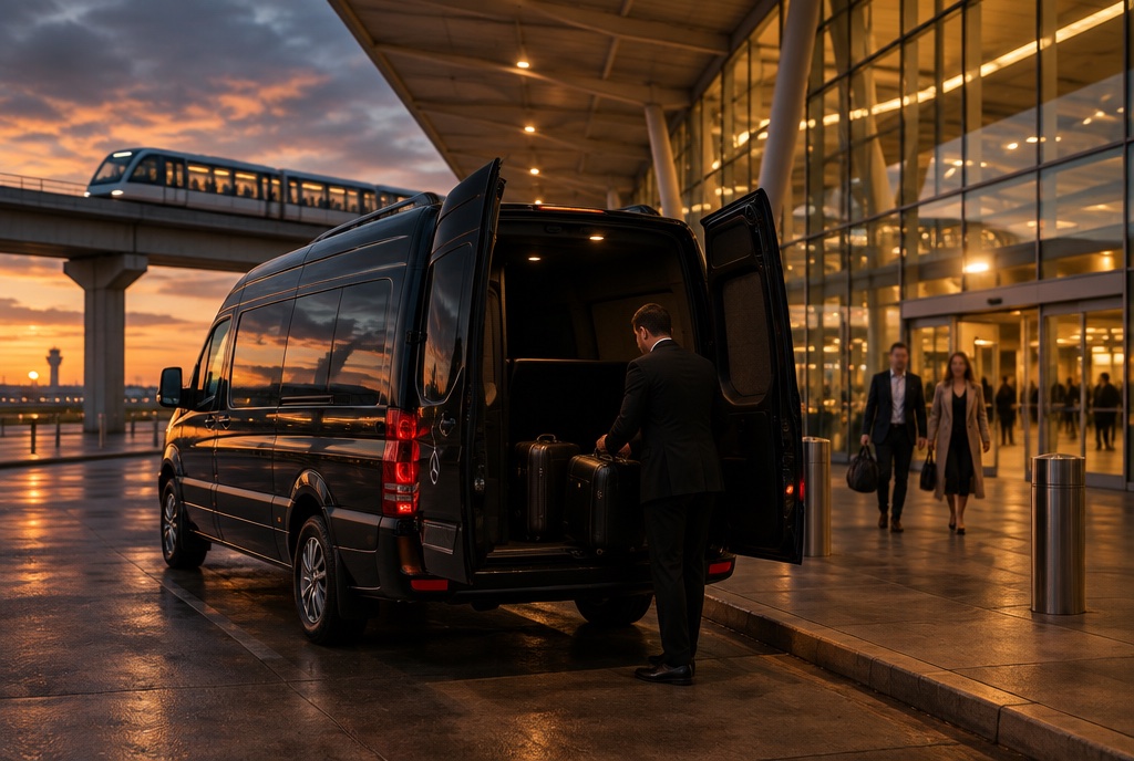 A chauffeur loading luggage into a black Sprinter van at the DFW Airport terminal curb at dusk, Skylink train behind