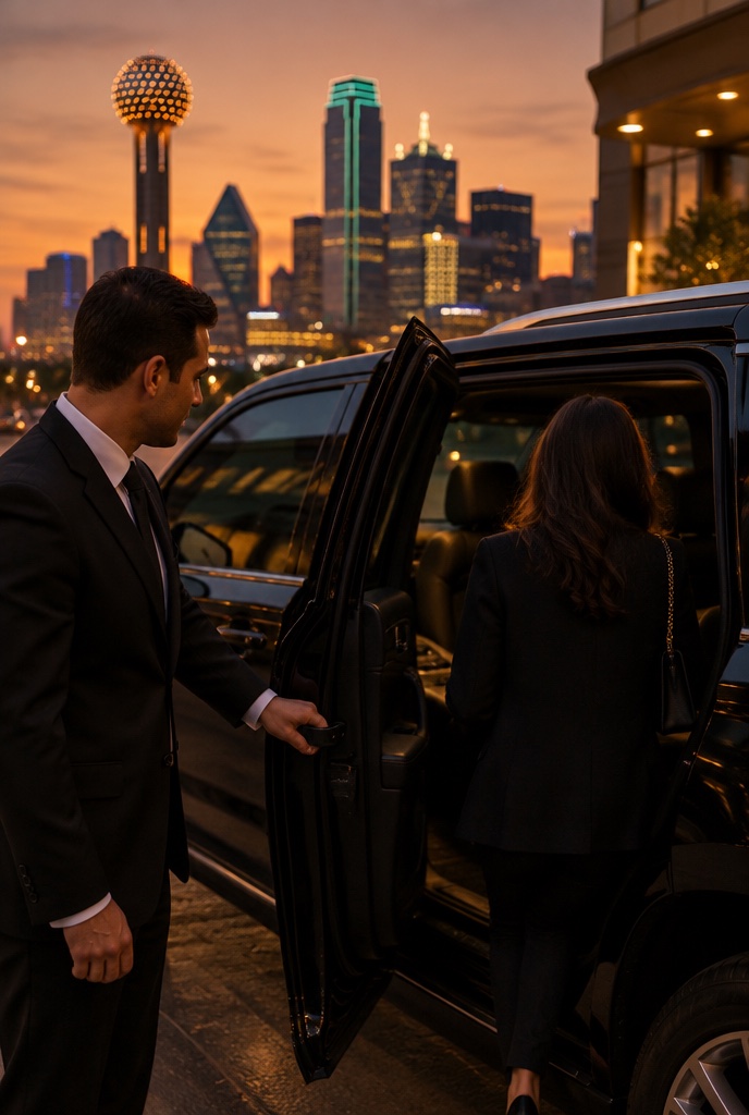 A chauffeur opening the rear door of a black SUV for a passenger with the Dallas skyline behind