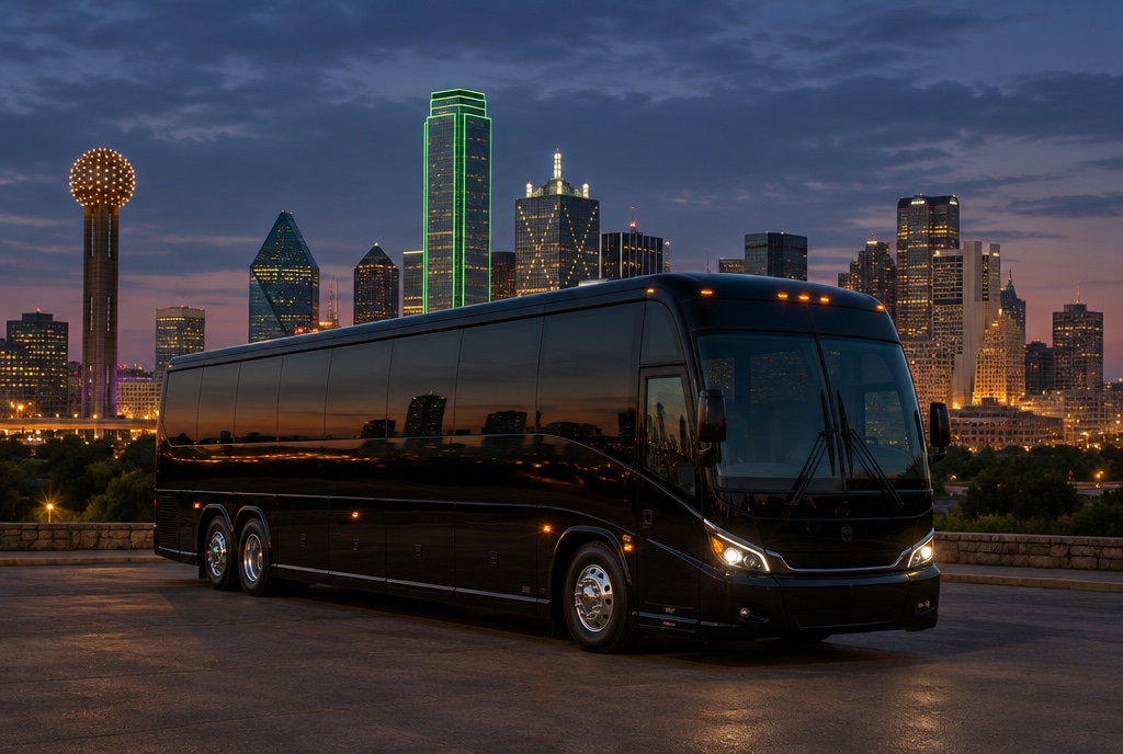 Black motor coach parked in front of the Dallas skyline at dusk