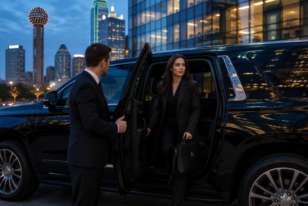A chauffeur holding the door of a black SUV for a businesswoman in downtown Dallas