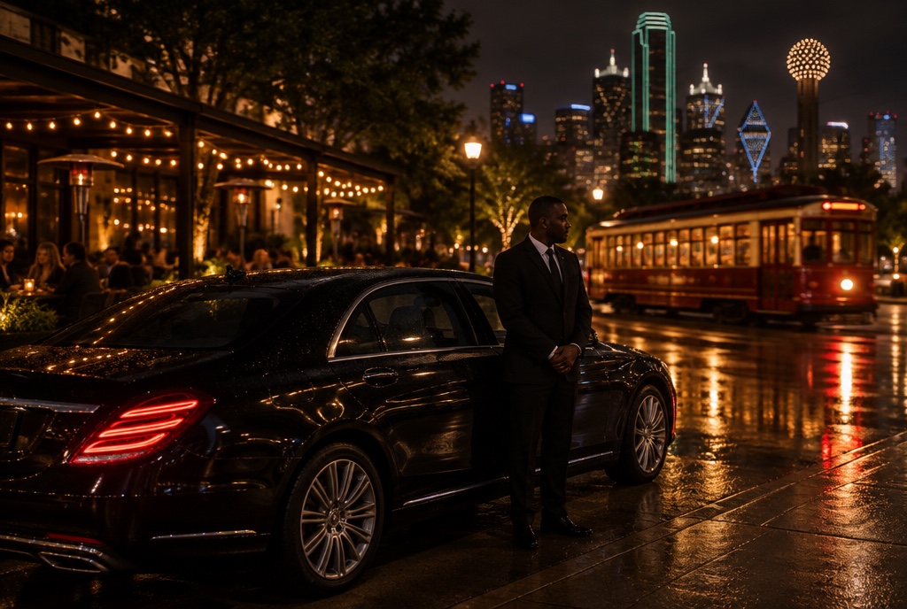 A chauffeur waiting beside a black sedan outside an Uptown Dallas restaurant at night, M-Line trolley passing