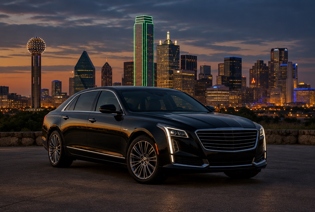 Black executive sedan parked in front of the Dallas skyline at dusk