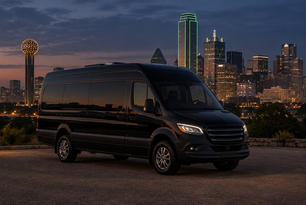 Black executive Sprinter van parked in front of the Dallas skyline at dusk