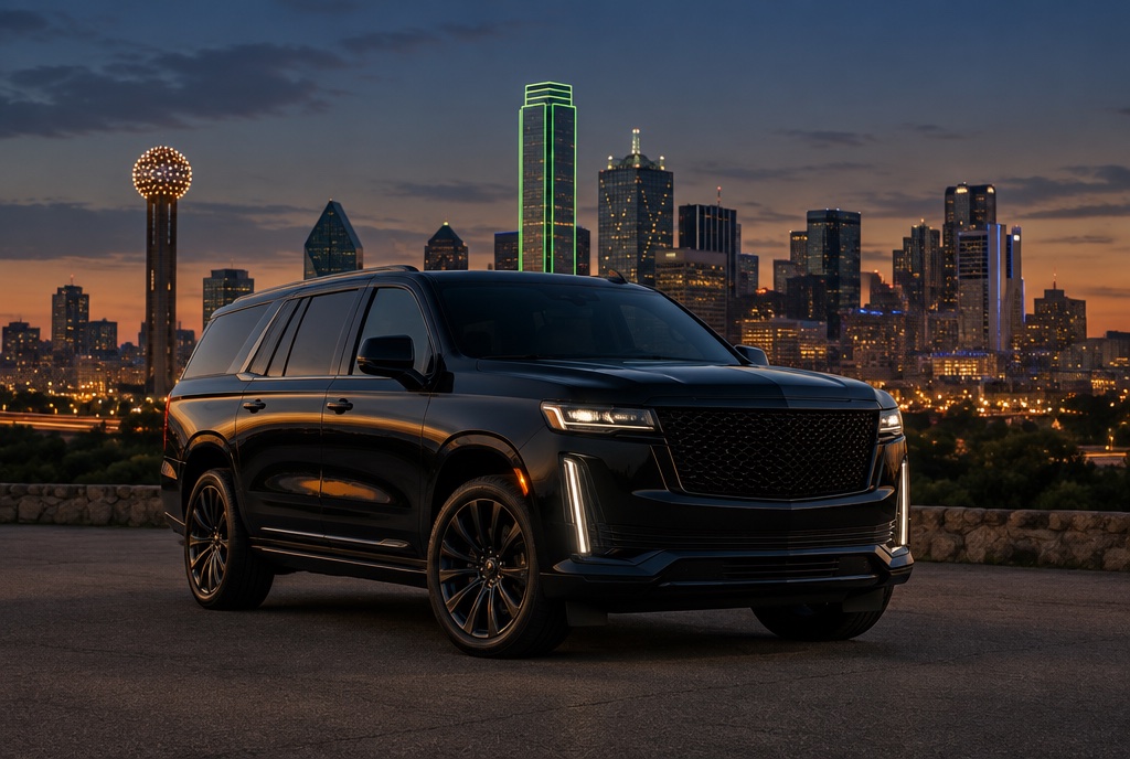 Black luxury SUV parked in front of the Dallas skyline at dusk