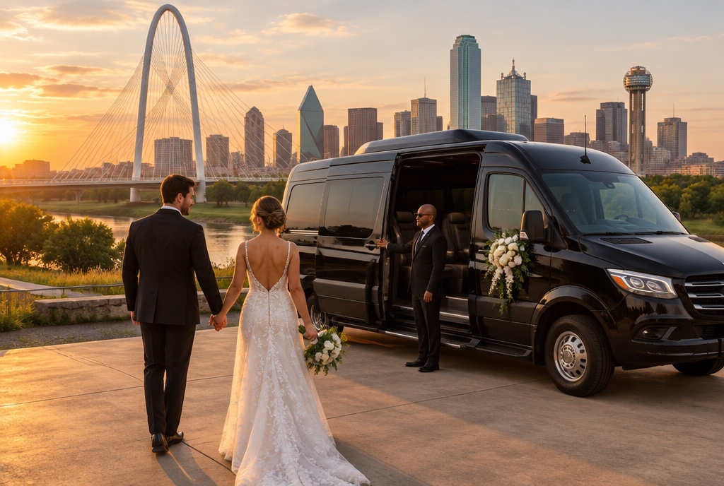 A bride and groom walking toward a black Sprinter van with the Margaret Hunt Hill Bridge and Dallas skyline behind